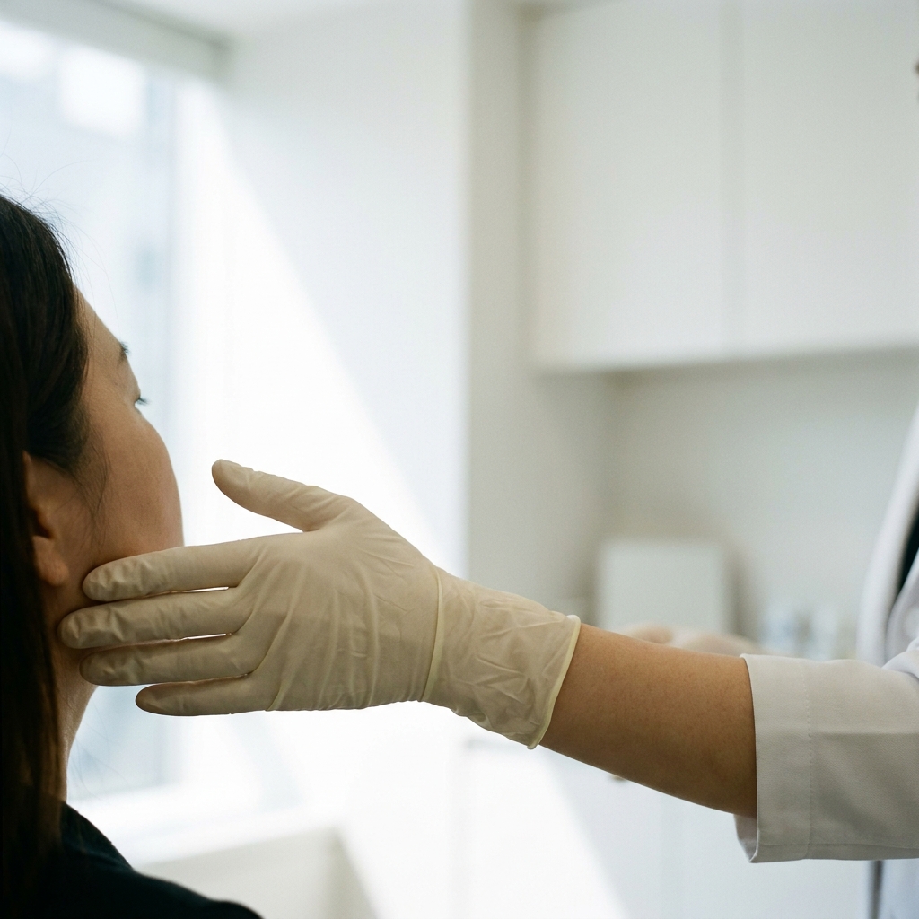Dr. Han's gloved hand at a patient's jaw