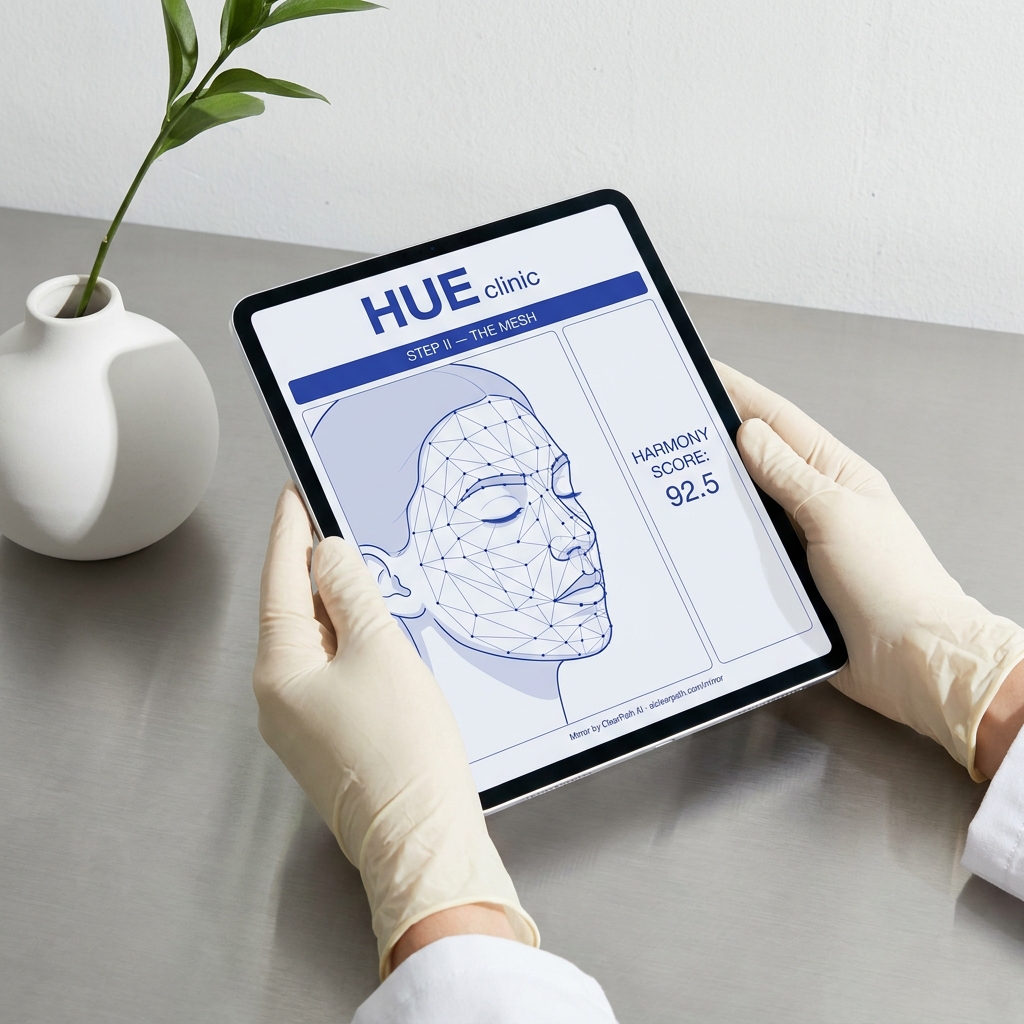 A 192-point face mesh overlay on a patient profile